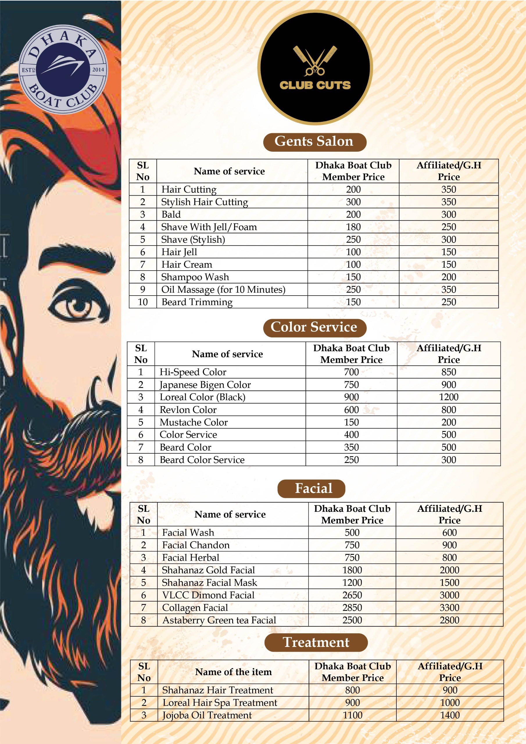 Club Cuts Menu Page 1
